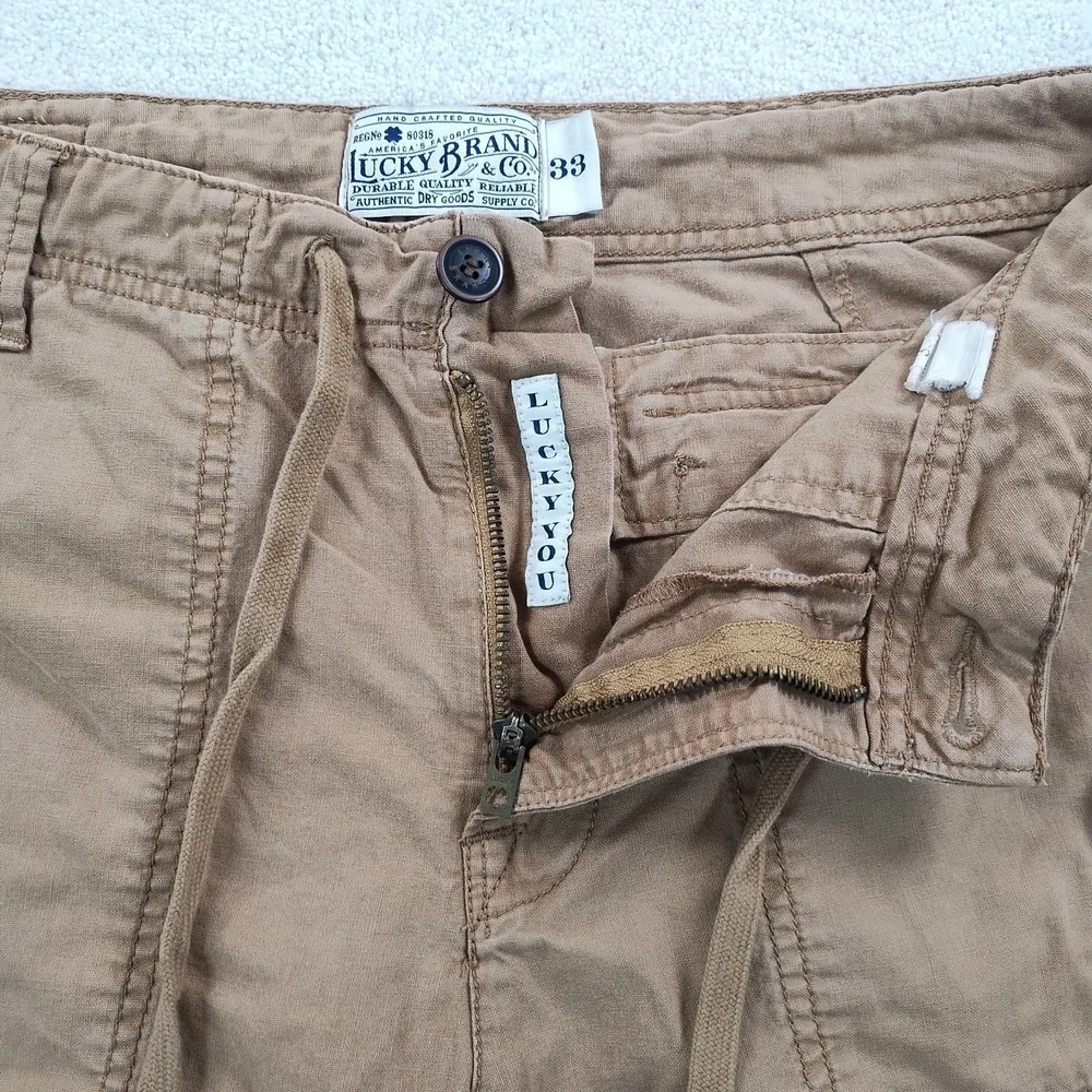 Lucky Brand Linen Shorts Men's 33 Khaki Drawstring Relaxed Safari Summer Beach